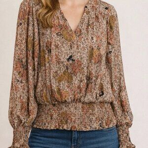 Joie Floral Smocked Hem Tie Neck Blouse